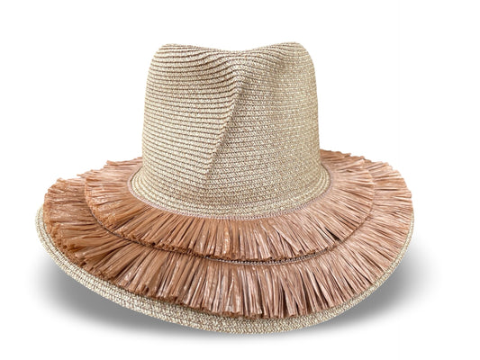 Tan Straw Braid Packable Sun Hat with Fringe Detail on Brim