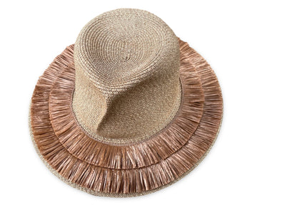 Tan Straw Braid Packable Sun Hat with Fringe Detail on Brim