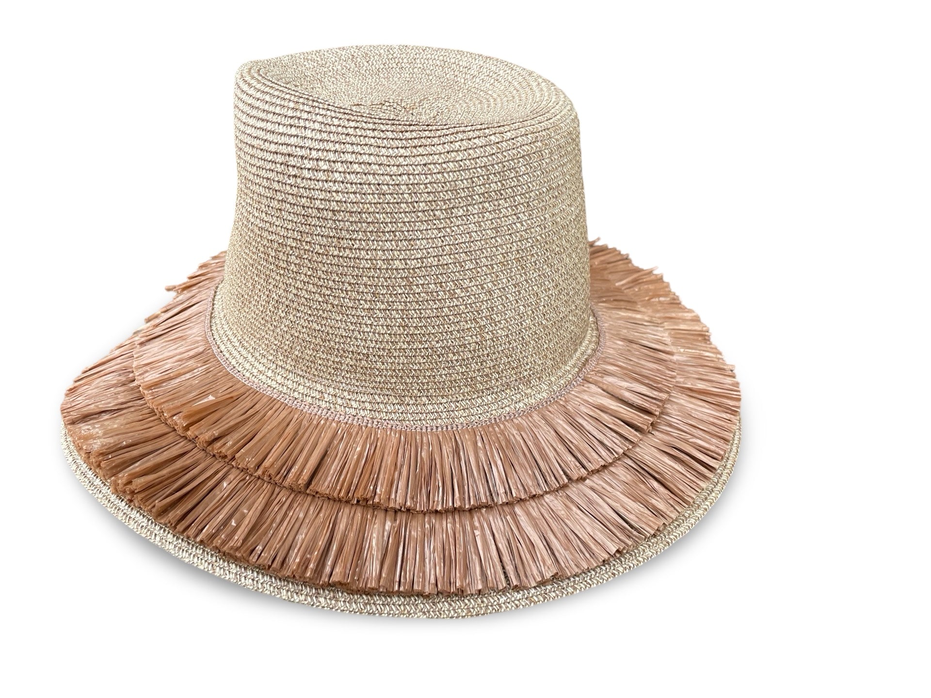 Tan Straw Braid Packable Sun Hat with Fringe Detail on Brim