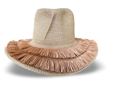 Tan Straw Braid Packable Sun Hat with Fringe Detail on Brim