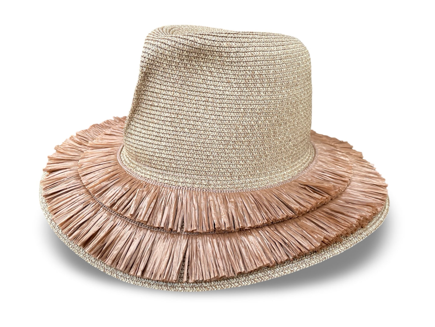 Tan Straw Braid Packable Sun Hat with Fringe Detail on Brim