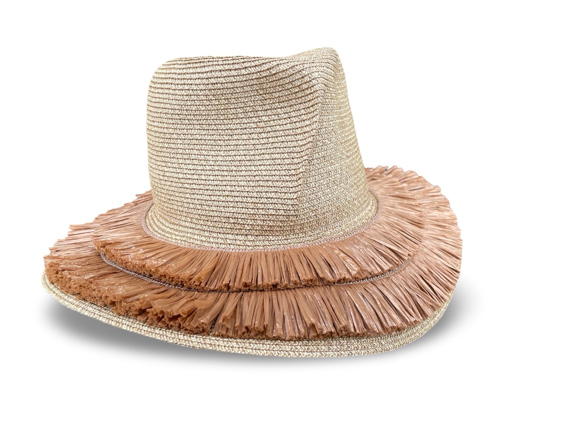 Tan Straw Braid Packable Sun Hat with Fringe Detail on Brim