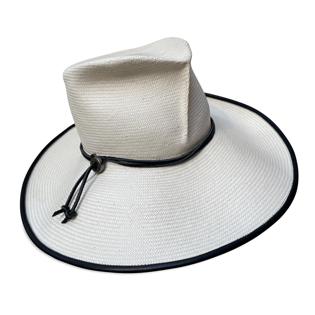 Ivory straw wide brim fedora with black piping on the brim. Black cord trim with slider hardware. Crown features a pleat in the front. 