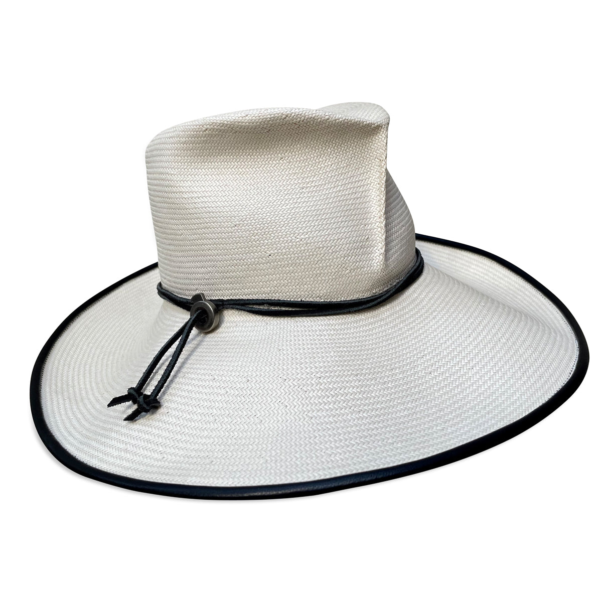 Ivory straw wide brim fedora with black piping on the brim. Right side view with black cord trim. Brim is 4" wide and provides excellent sun protection