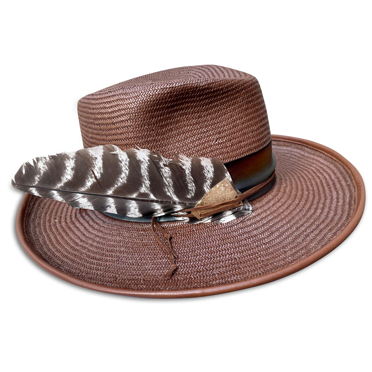 Hat to wear at Coachella. Blink Flange Fedora Hat, perfect for music festivals. Ombre silk trim with suede cord and turkey feather.