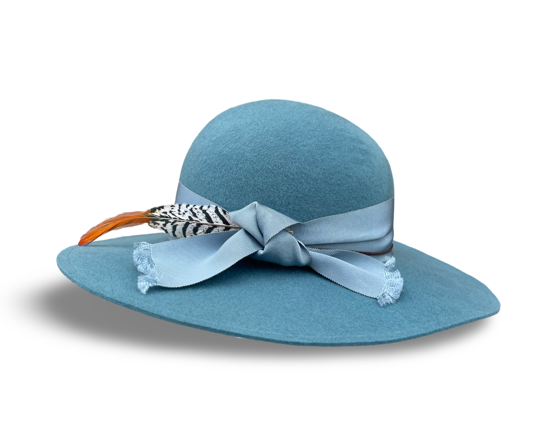 Smoky Blue Felt Swinger with matching grosgrain trim and a pheasant feather. 