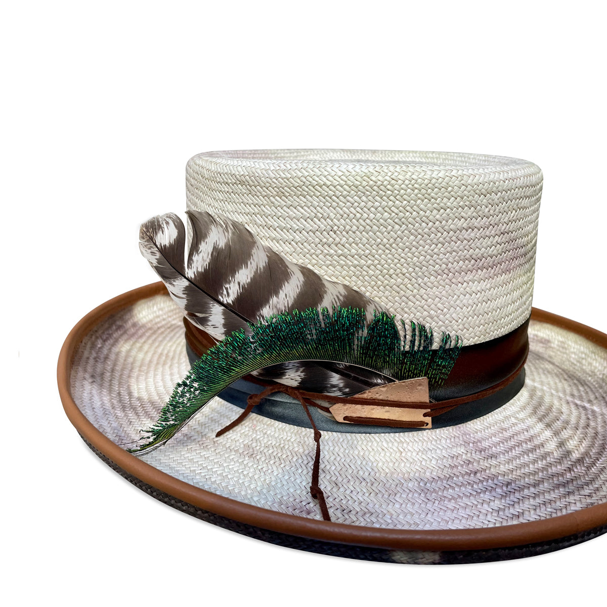 Elegant Gambler hat with tie-dye pattern, leather and silk trimmings, and a natural feather, made-to-order by Cha Cha's House of Ill Repute.