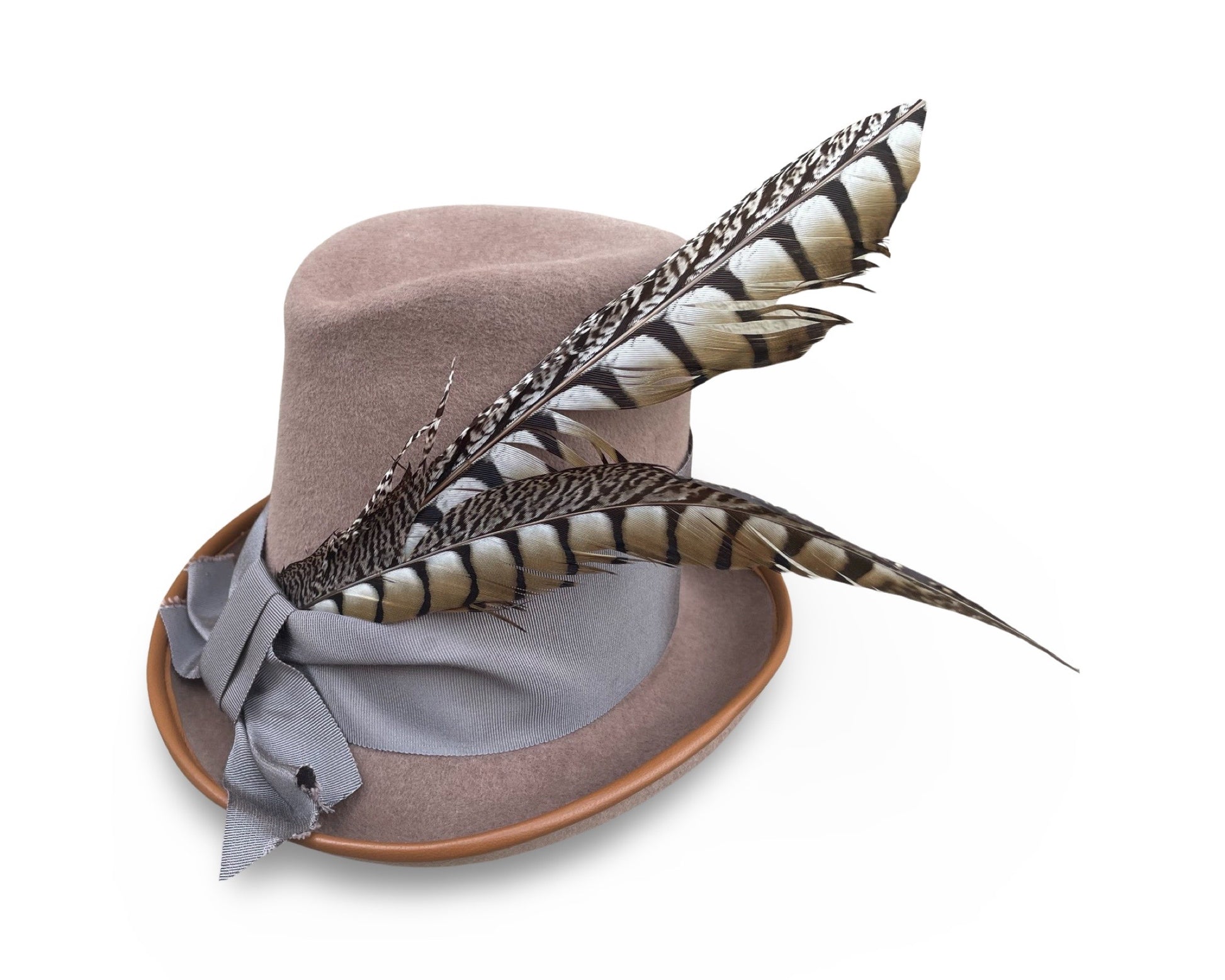 Camel Top Hat inspired by Bridgerton. Trimmed with Wide Grosgrain Ribbon and two pheasant tails. Brim is piped with matching grosgrain