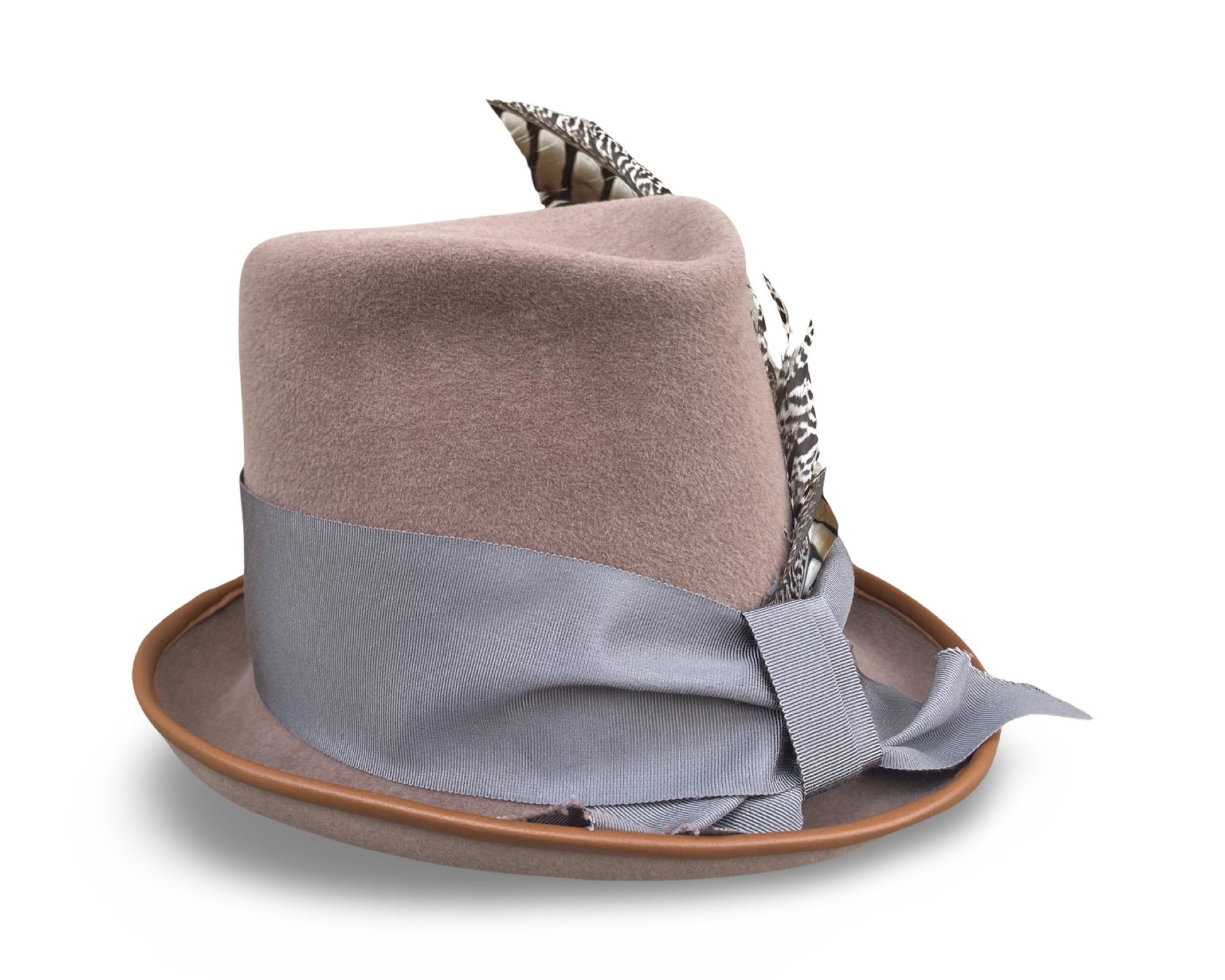 Camel Top Hat inspired by Bridgerton. Trimmed with Wide Grosgrain Ribbon and two pheasant tails. Brim is piped with matching grosgrain