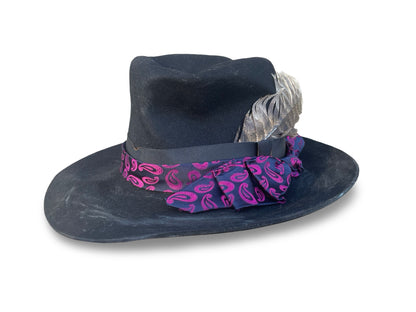 Distressed Top Hat with Distressed trim and Removable Vintage Tie Silk