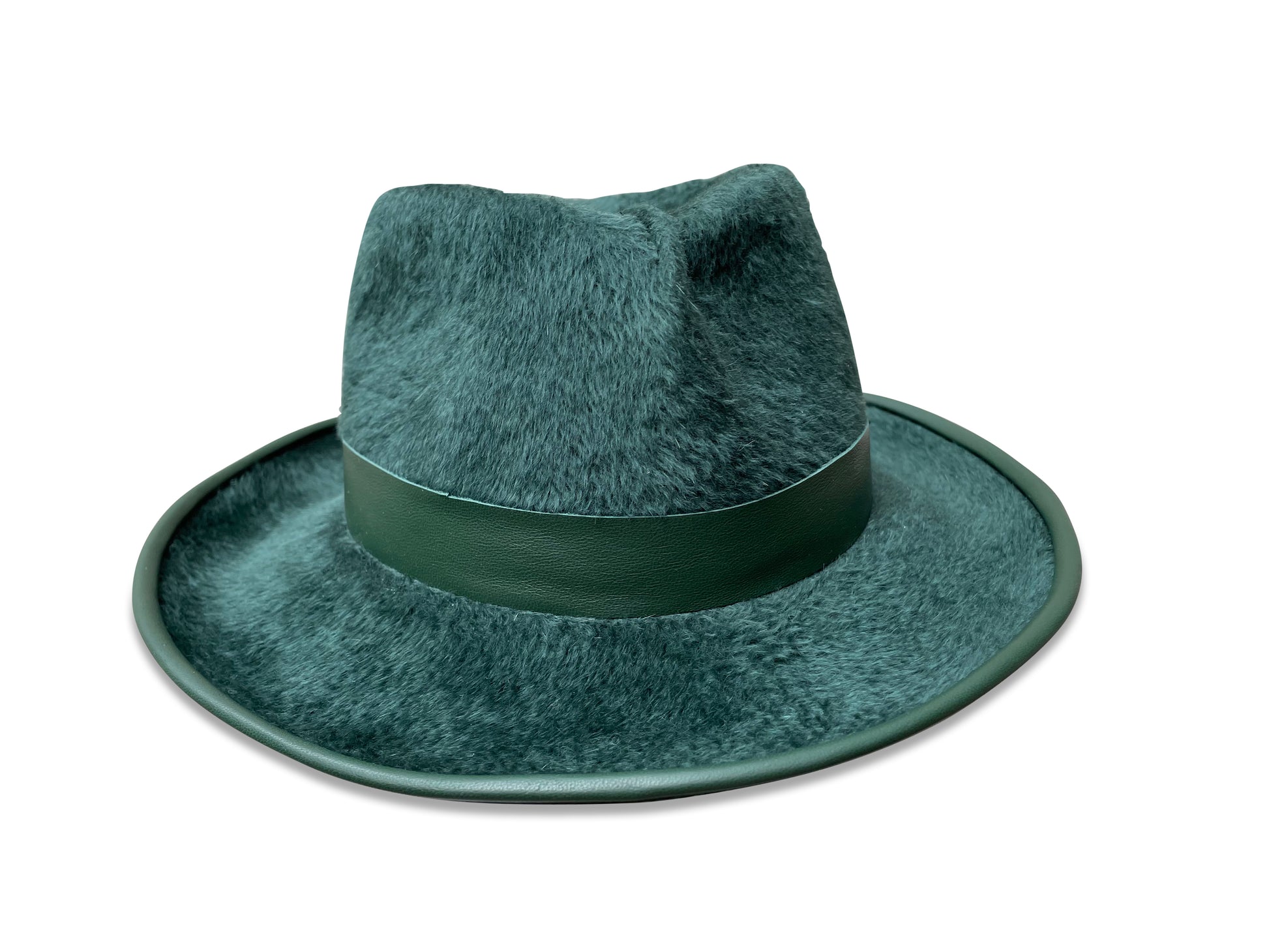 Forest green beaver fedora with leather trim