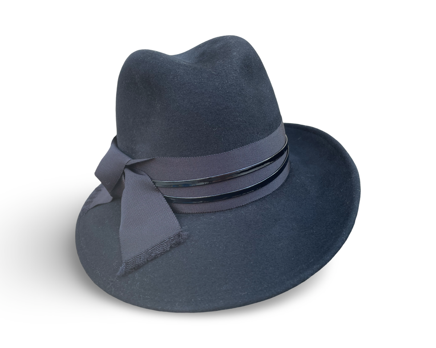 Black Fedora Hat with Profile Brim. Trimmed with Black grosgrain and patent leather. 