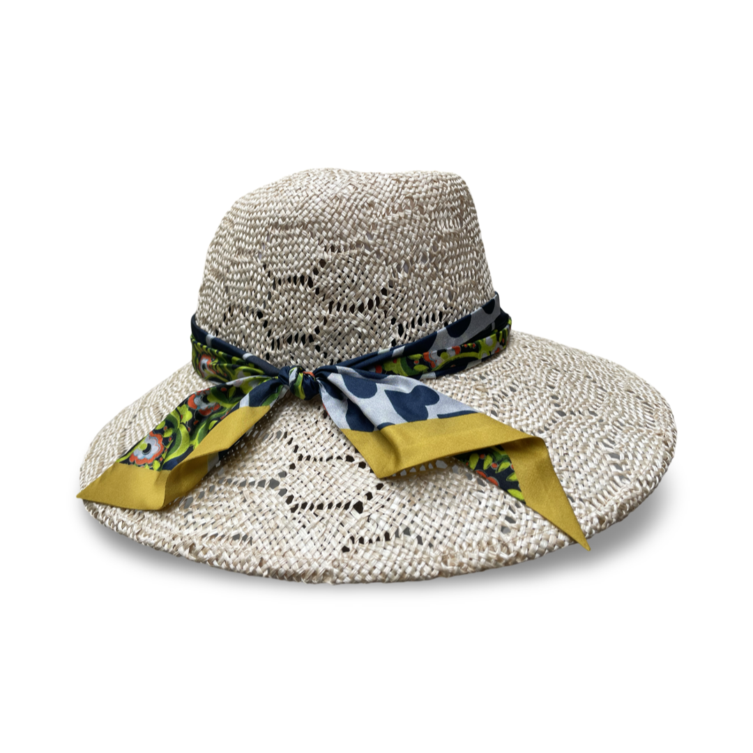 Swirl Crown wide brim straw hat. Honeycomb pattern straw