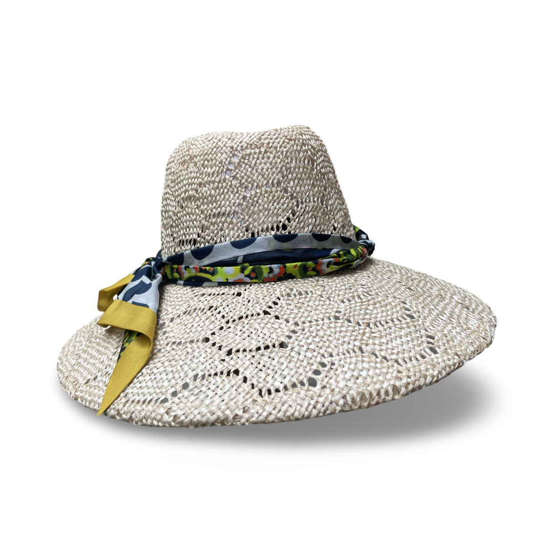 Swirl Crown wide brim straw hat. Honeycomb pattern straw