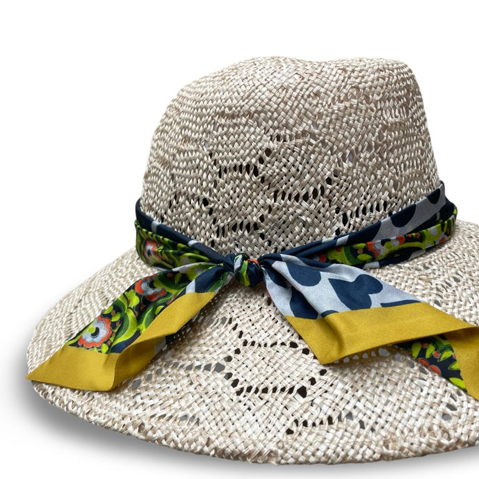 Swirl Crown wide brim straw hat. Honeycomb pattern straw