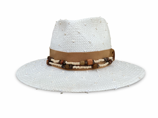 Ivory knotted straw fedora with camel trim