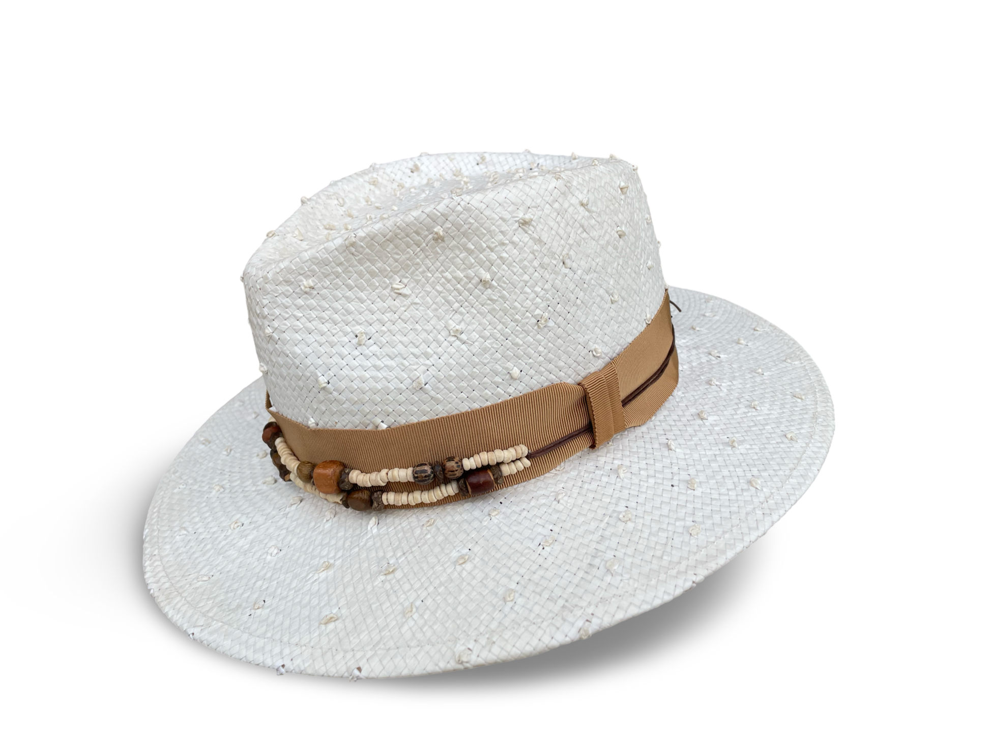 Ivory knotted straw fedora with camel trim - Left side view