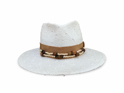 Ivory knotted straw fedora with camel trim - front view