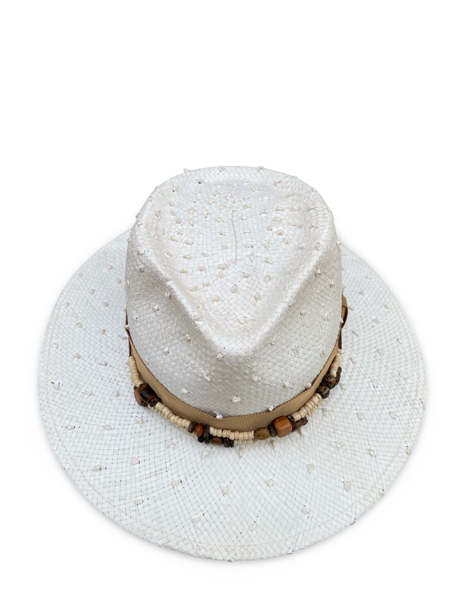 Ivory knotted straw fedora with camel trim - top view