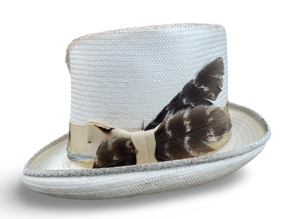 Distressed Ivory Top Hat - Left Side view with Turkey Feathers