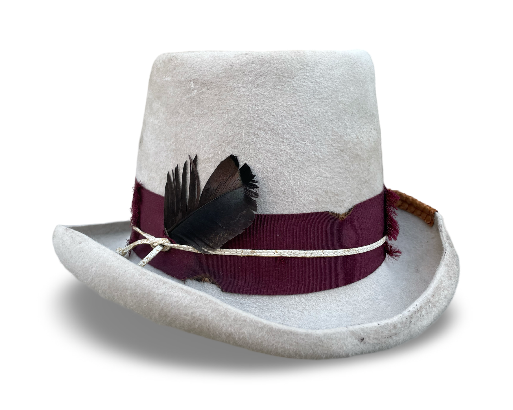 Distressed Alabaster Top Hat with Distressed Wine Ribbon, Kilt Pin and Turkey Feather