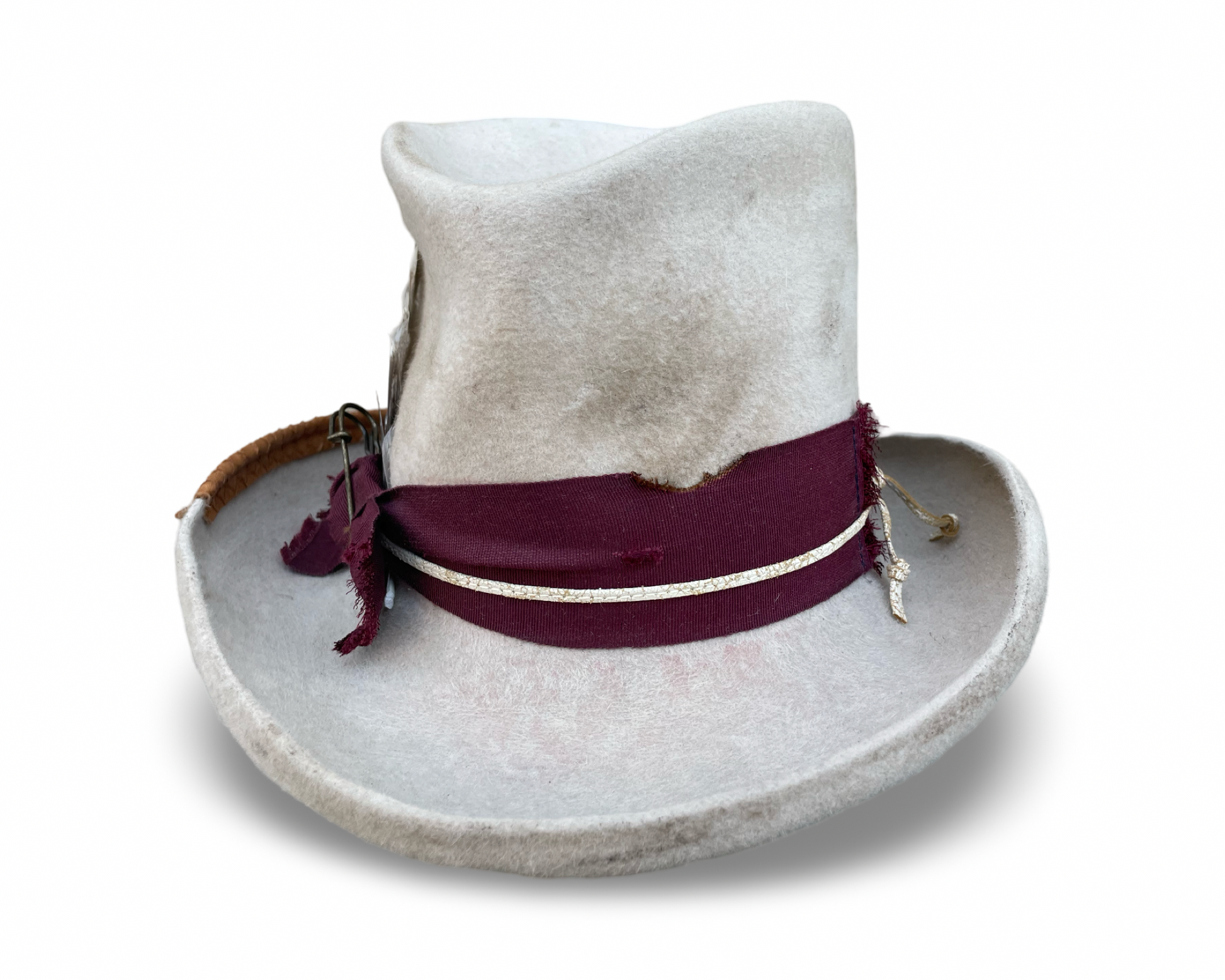 Distressed Alabaster Top Hat with Distressed Wine Ribbon, Kilt Pin and Turkey Feather