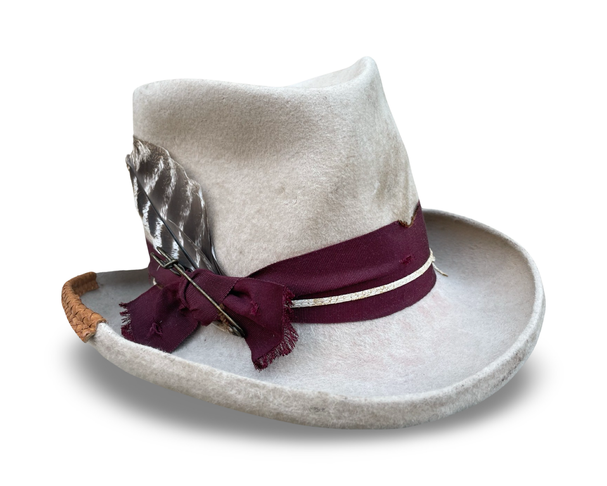 Distressed Alabaster Top Hat with Distressed Wine Ribbon, Kilt Pin and Turkey Feather