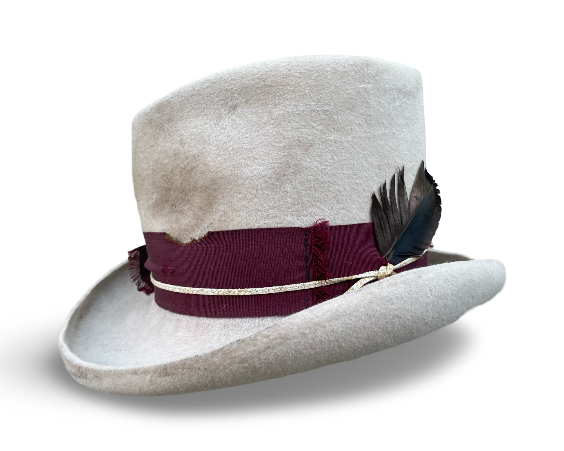 Distressed Alabaster Top Hat with Distressed Wine Ribbon, Kilt Pin and Turkey Feather