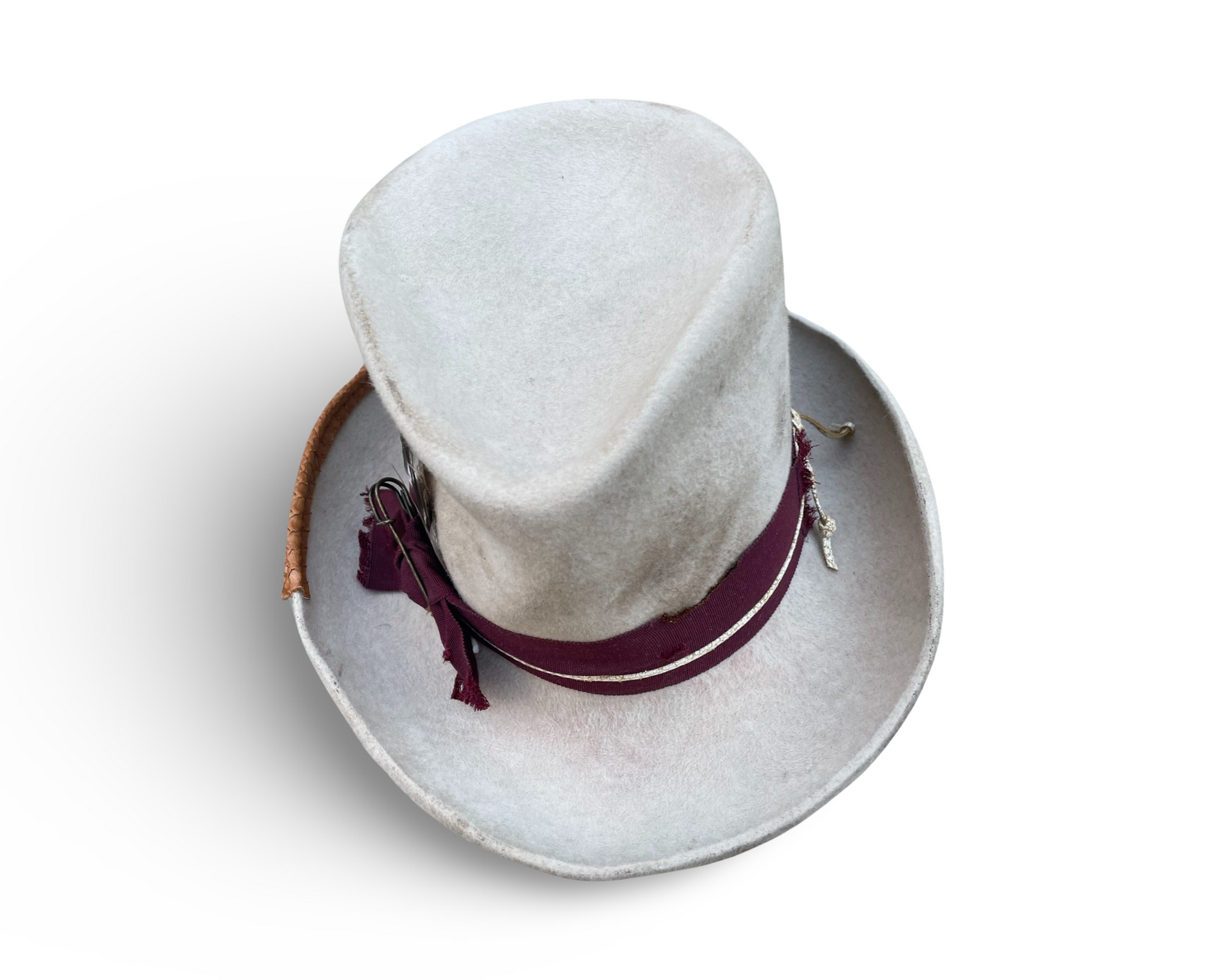 Distressed Alabaster Top Hat with Distressed Wine Ribbon, Kilt Pin and Turkey Feather