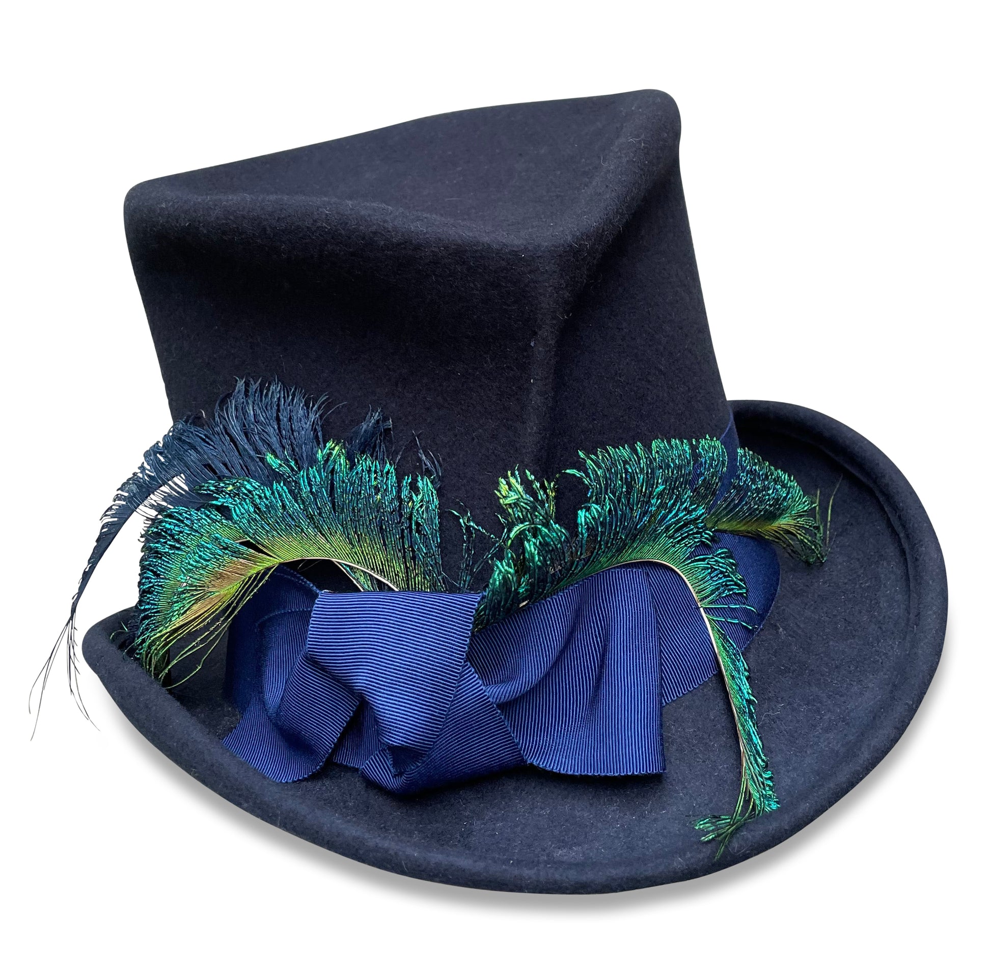 Navy Top Hat with Grosgrain Trim and Peacock Feathers