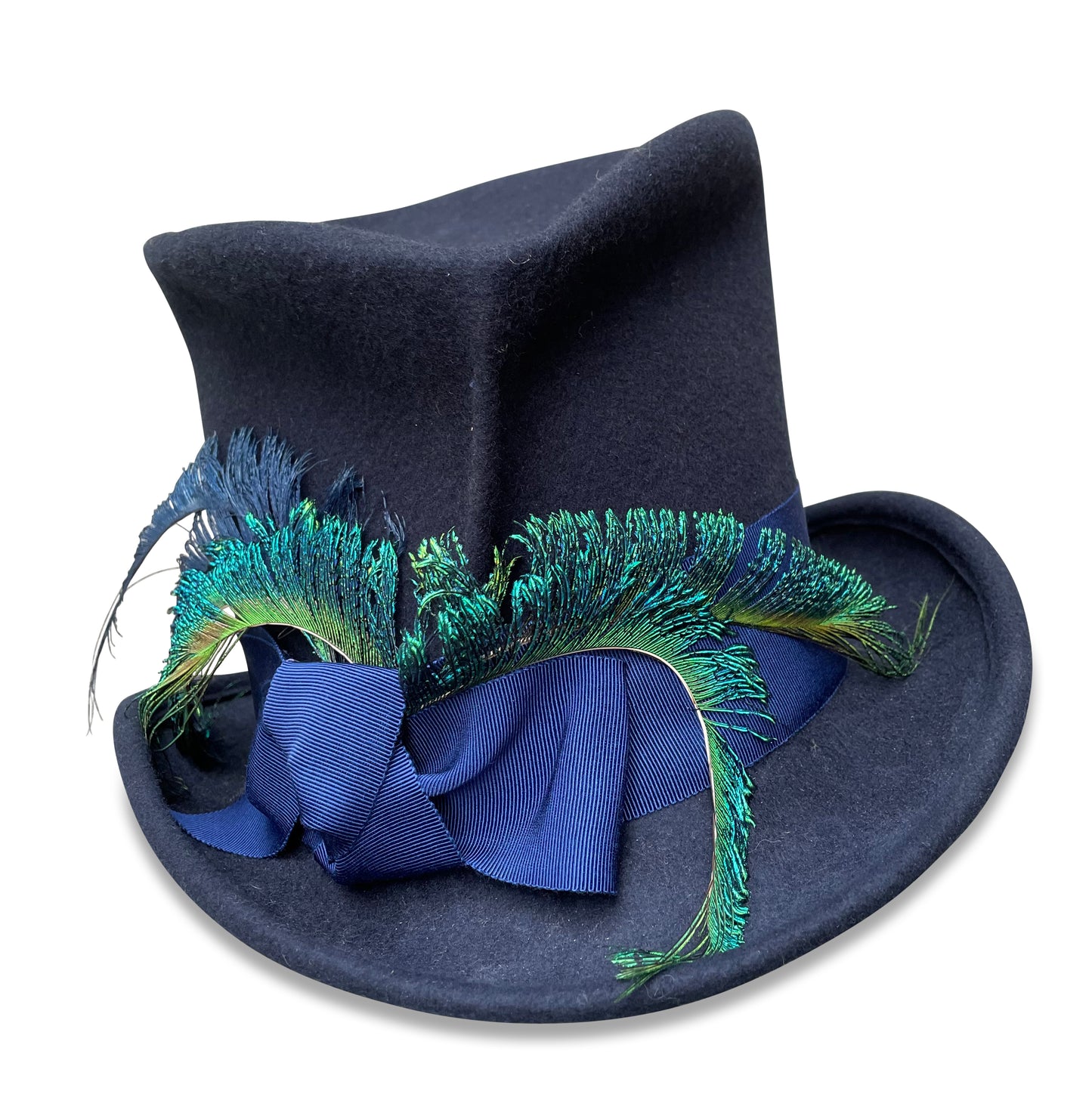 Navy Top Hat with Grosgrain Trim and Peacock Feathers