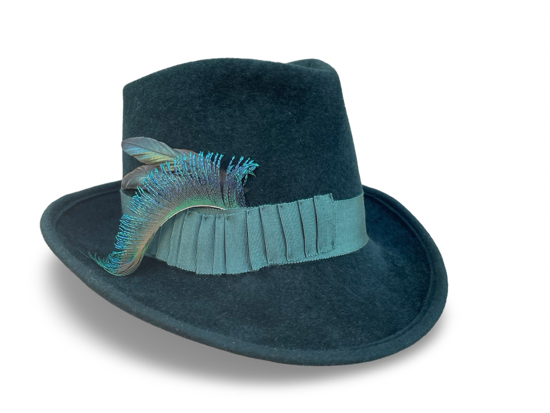 Forest Green tall crown fur felt fedora trimmed with matching grosgrain. Ribbon hat a unique pleated detail. Finished with peacock and coque feathers.  