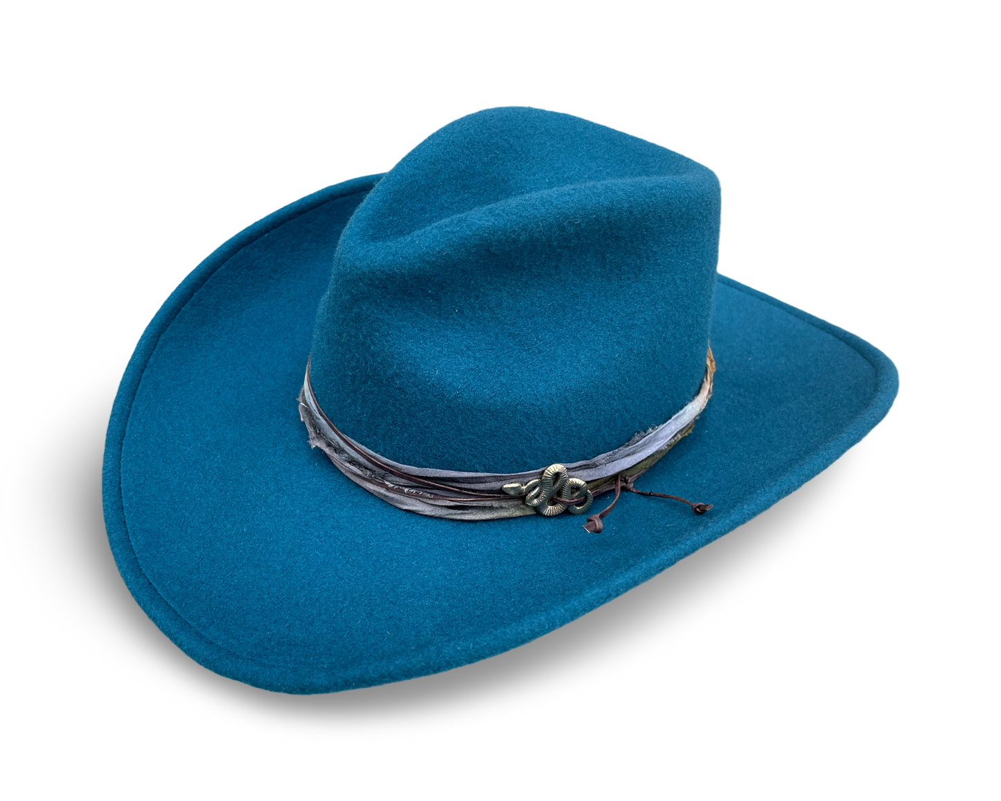 Teal Blue wool felt cowboy hat with Sari silk trim, distressed brown leather cord and brass coiled snake pin