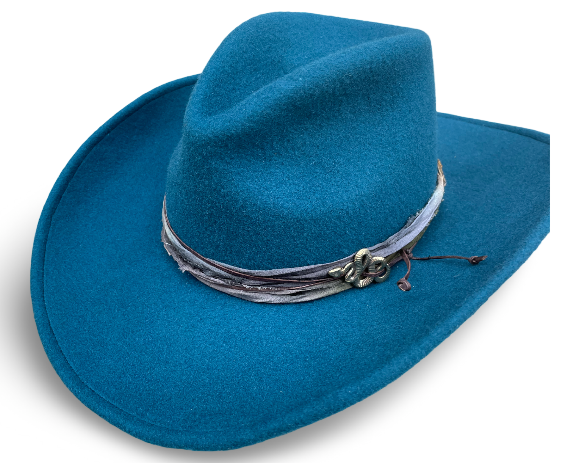 Teal Blue wool felt cowboy hat with Sari silk trim, distressed brown leather cord and brass coiled snake pin