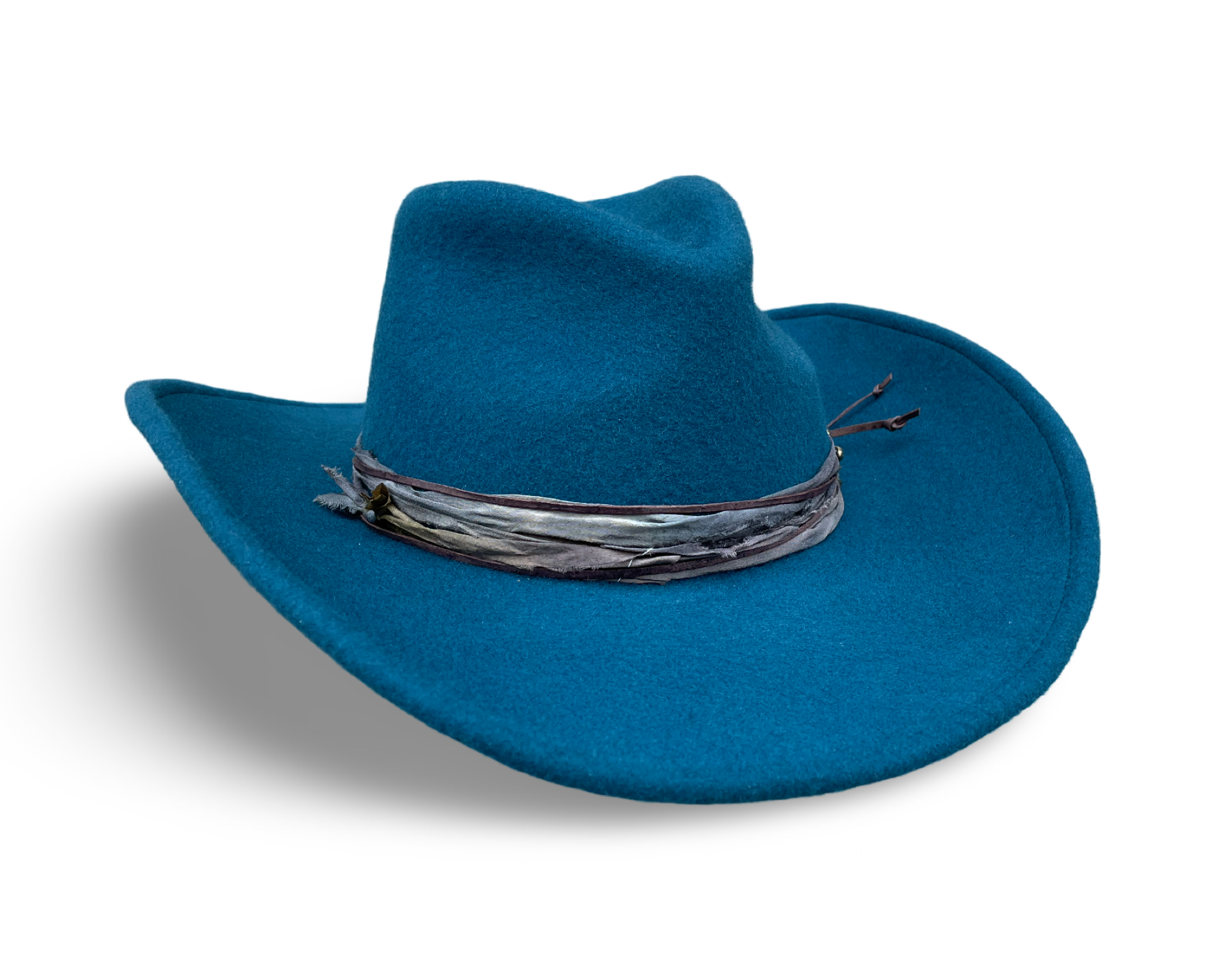 Teal Blue wool felt cowboy hat with Sari silk trim, distressed brown leather cord and brass coiled snake pin