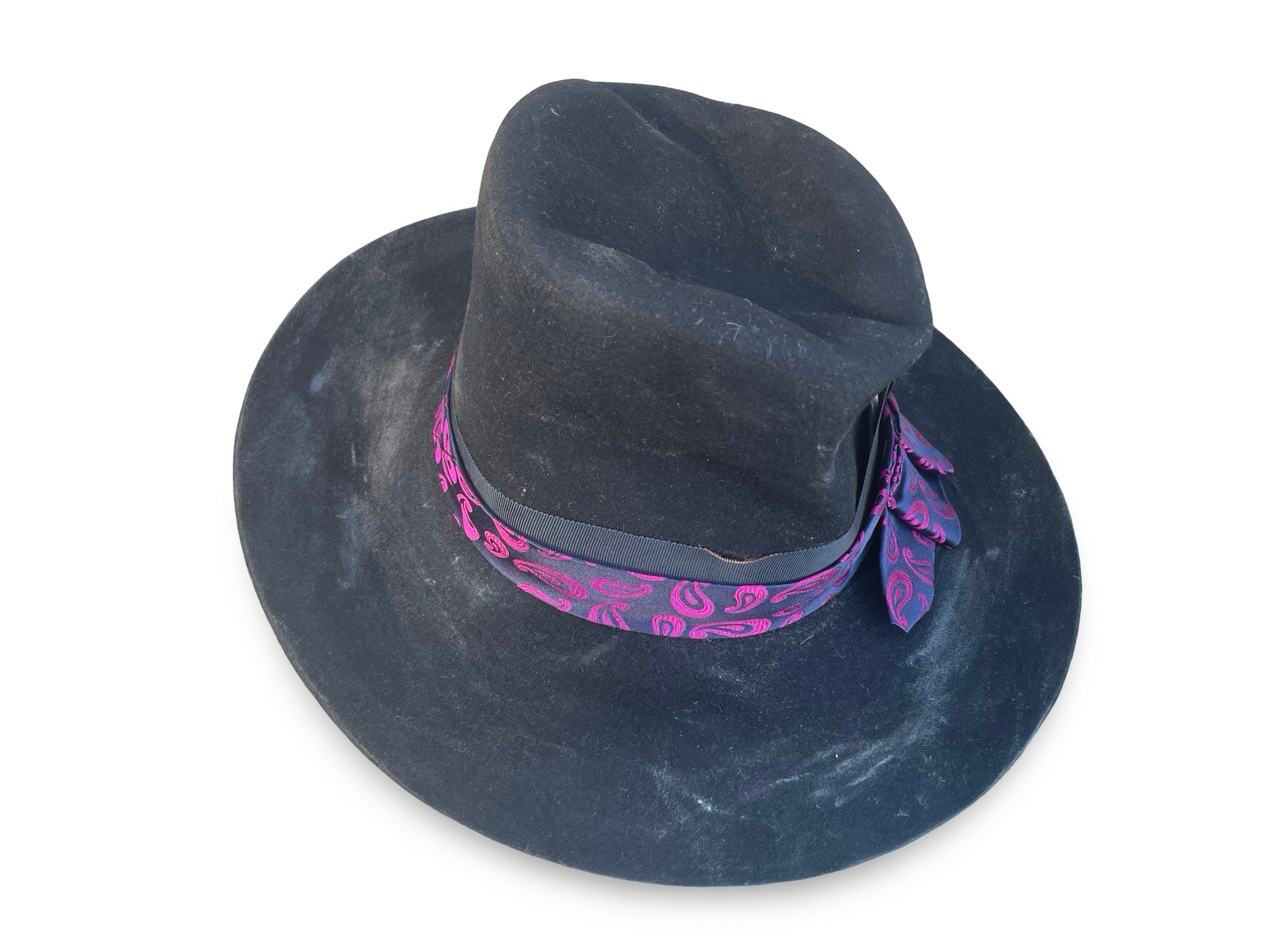 Distressed Top Hat with Distressed trim and Removable Vintage Tie Silk