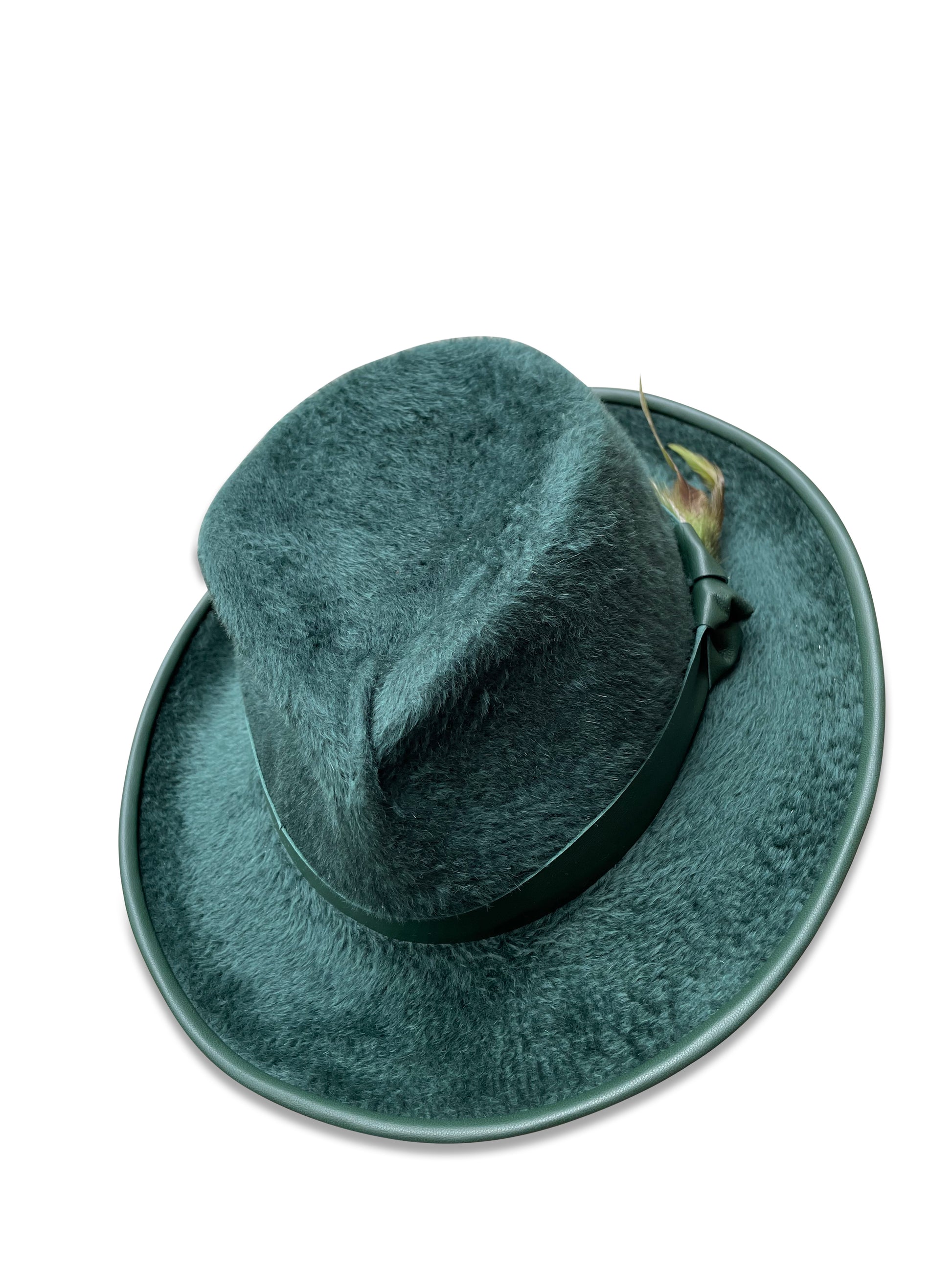 Forest green beaver fedora with leather trim