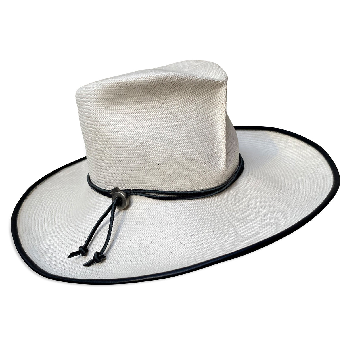 Ivory straw wide brim fedora with black piping on the brim. Trimmed with black cord with slider. Hat provides excellent sun protection. 