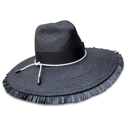 Black panama Sun Hat with raffia fringe. Trimmed with black grosgrain and white cord. 