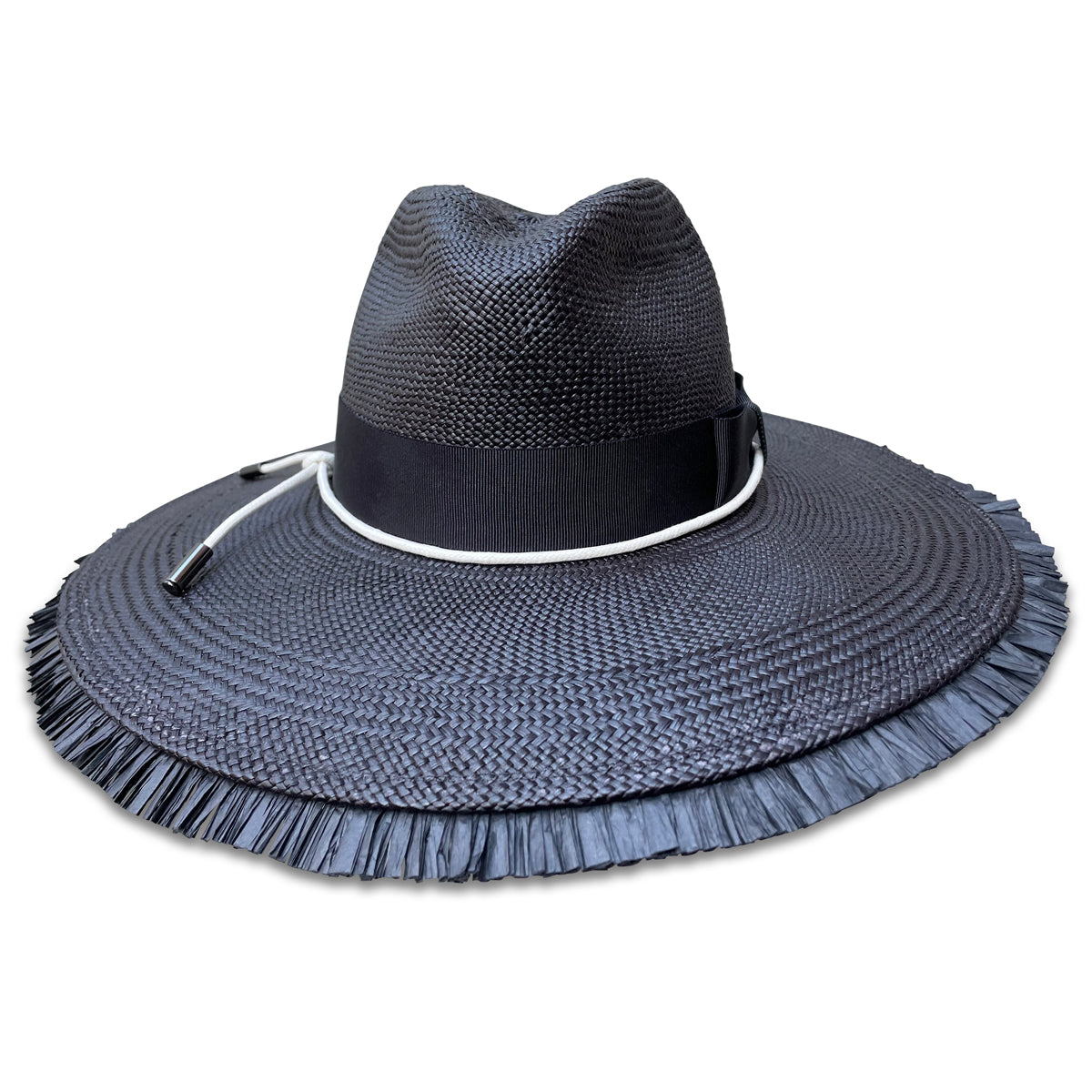 Black panama Sun Hat with raffia fringe. Trimmed with black grosgrain and white cord.