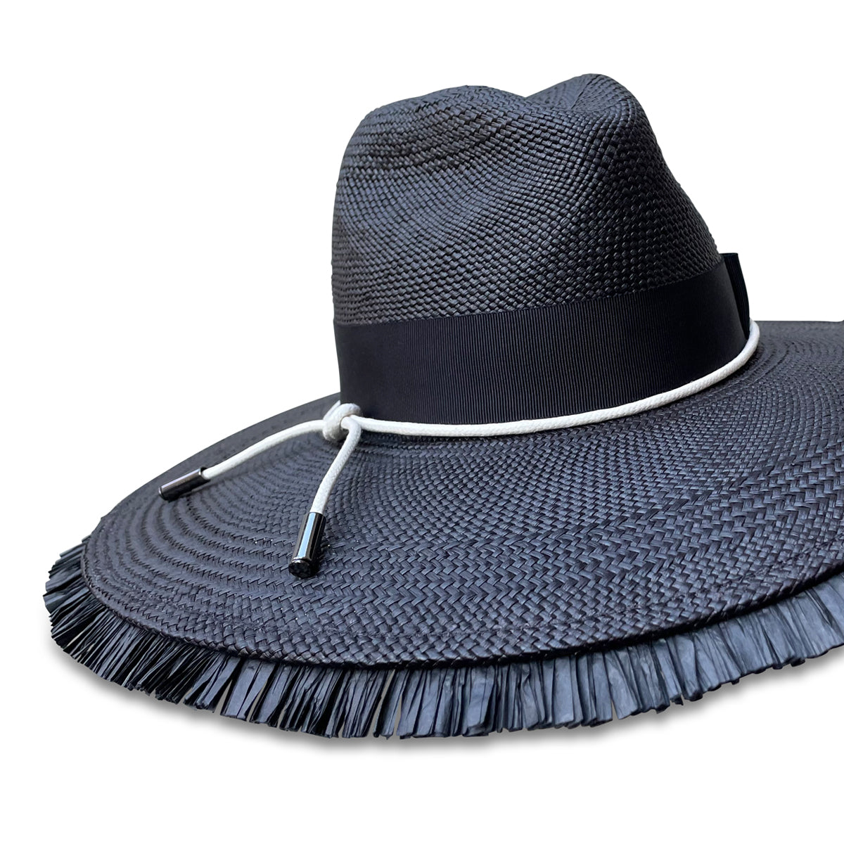 Black panama Sun Hat with raffia fringe. Trimmed with black grosgrain and white cord.