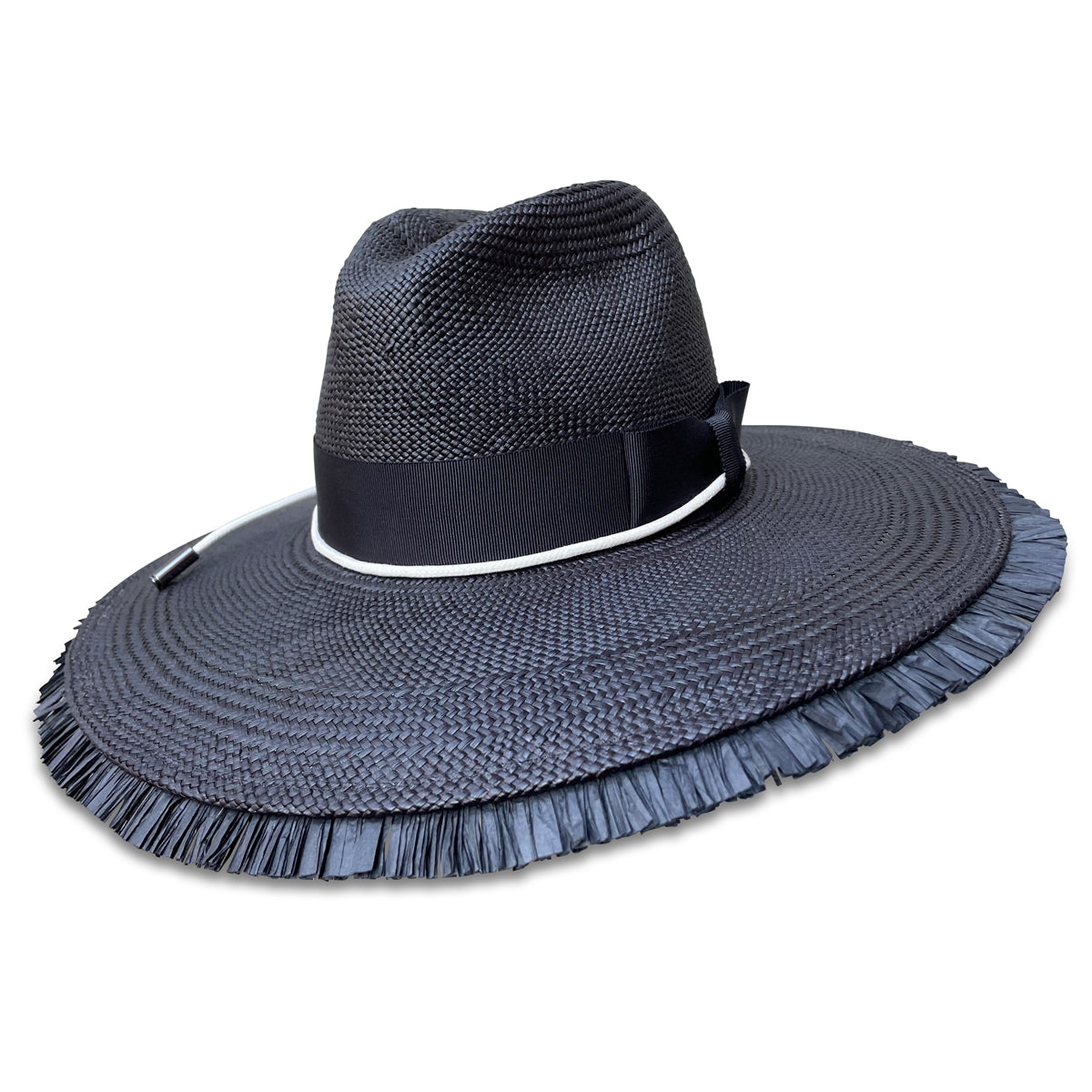 Black panama Sun Hat with raffia fringe. Trimmed with black grosgrain and white cord.