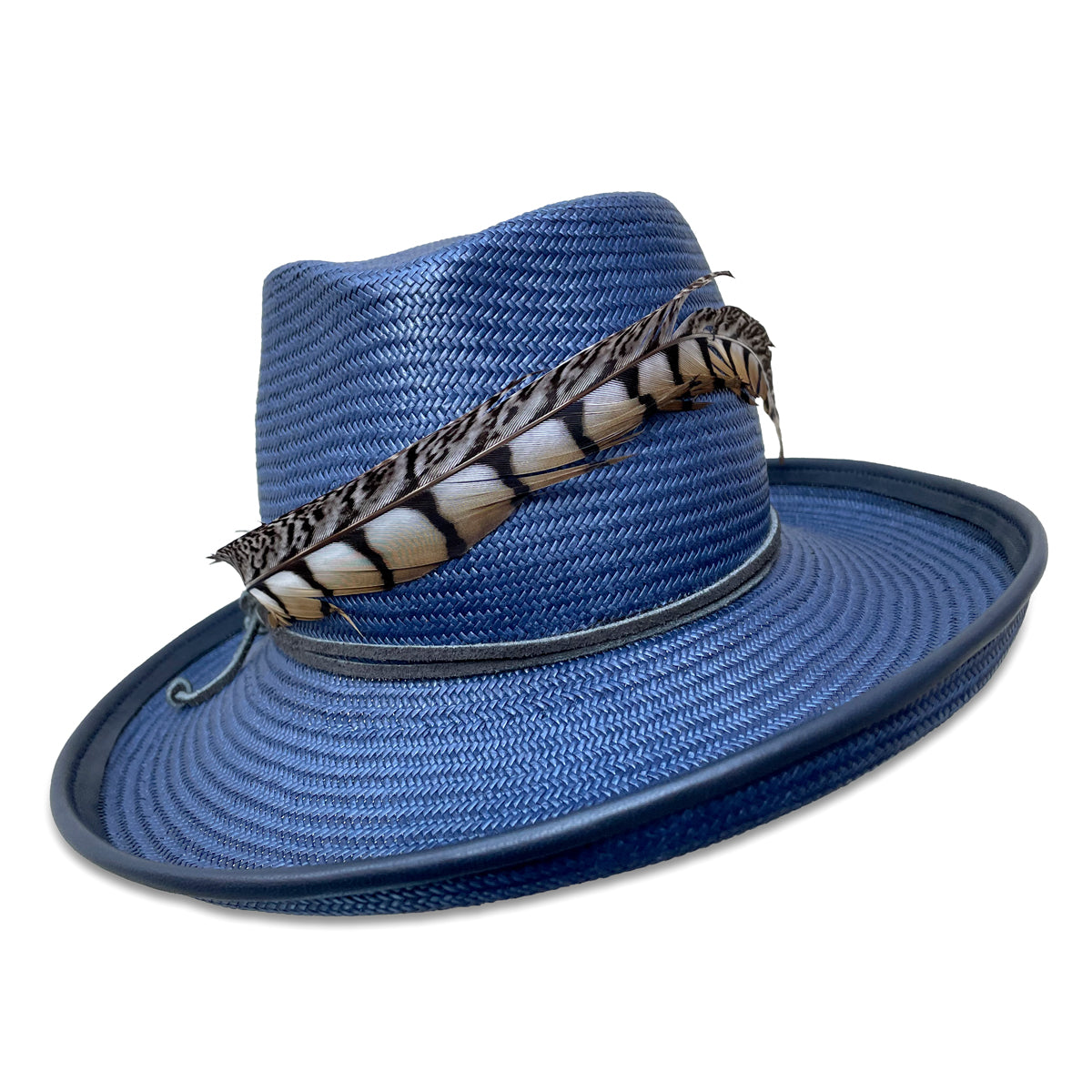 Navy Straw Fedora with upturned brim and pheasant tail trim. Brim is piping with navy lambskin.