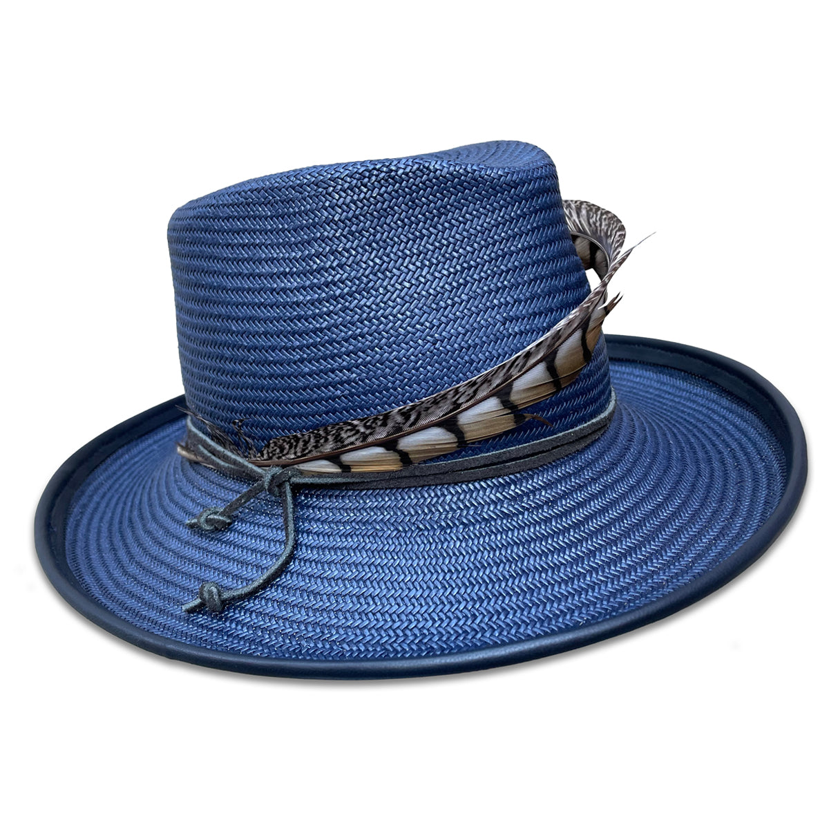 Navy Straw Fedora with upturned brim and pheasant tail trim. Brim is piping with navy lambskin.